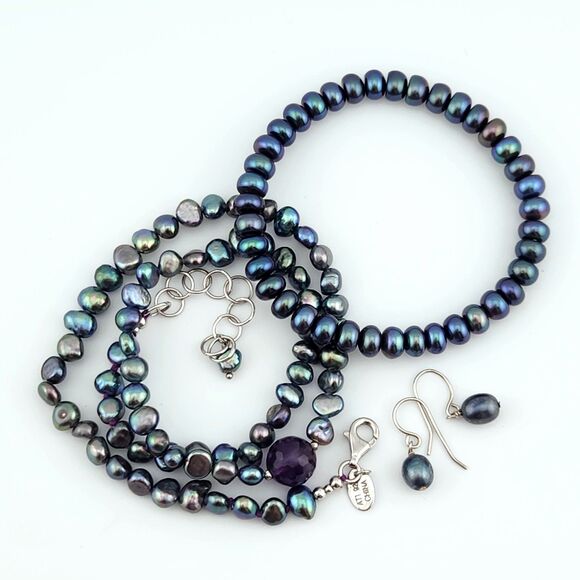 Vintage Parure Genuine Pearl Amethyst Necklace Earring Bracelet Regency Timeless - Picture 2 of 9